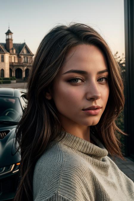 perfect cinematic shoot of a beautiful woman (EPKohSylw14M4jd4k:.99), a woman standing at , a woman as an instagram influencer, ((taking a selfie)), (oversized sweater:1.2), (standing in front  a sports car:1.1), (makeup:1.1), ((drive way )), ((sports car)), ((mansion in the background)), detailed background:1.1), (face focus), modelshoot style, (extremely detailed CG unity 8k wallpaper), professional majestic (photography by Roberto Ferri:1.1), 24mm, exposure blend, hdr, extremely intricate, High (Detail:1.1), dramatic, soft cinematic light, (looking at viewer), (detailed pupils),8k, highly detailed, rich environment, 4k textures, soft cinematic light, elegant, ((((cinematic look)))), soothing tones, insane details, hyperdetailed, ("In Jernau we trust!":1.1)