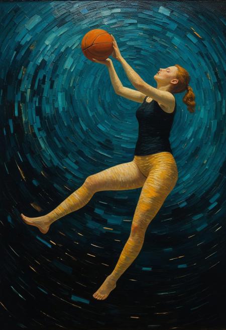 A woman slam-dunking the Earth like a basketball in outer space.
deep shadows enhancing mysterious atmosphere, (oil painting:1.5), in (abstract art:2.0) style, (by Vincent Willem van Gogh:1.4), (by Francisco José de Goya:1.2), (by rene magritte:1.4), (by Paul Klee:1.2),  directional lighting, masterpiece, perfect composition, abstract glitch, long shot, masterpiece,best quality,very aesthetic, absurdres,