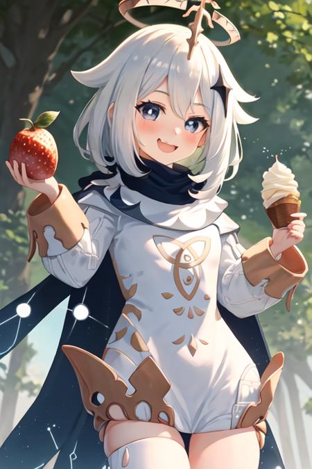 best quality, masterpiece, highres, solo, {paimon_genshin:1.15}, white_hair, halo, hair_ornament, blue_eyes, hair_between_eyes, short_hair, bangs, open_mouth, blush, smile, cape, 1girl, eating, food, holding, holding_food, scarf, dress, long_sleeves, looking_at_viewer, white_dress, fruit