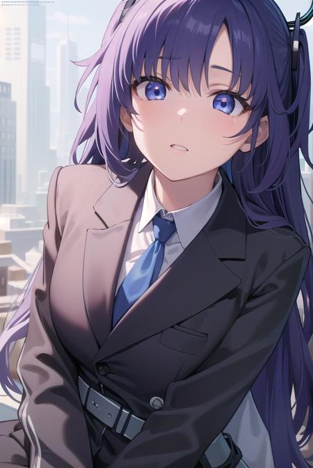 yuuka, blue eyes, halo, purple hair, two side up, long hair, belt, black gloves, (black suit:1.5), black skirt, blue necktie, gloves, halo, jacket, necktie, off shoulder, skirt, two-sided fabric, two-sided jacket, white belt, (white jacket:1.5),