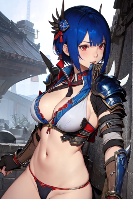 SetsunaYagami, 1girl, solo, ninja, armor, short hair, blue hair, thong, large breasts, red eyes, hair ornament, cleavage, 