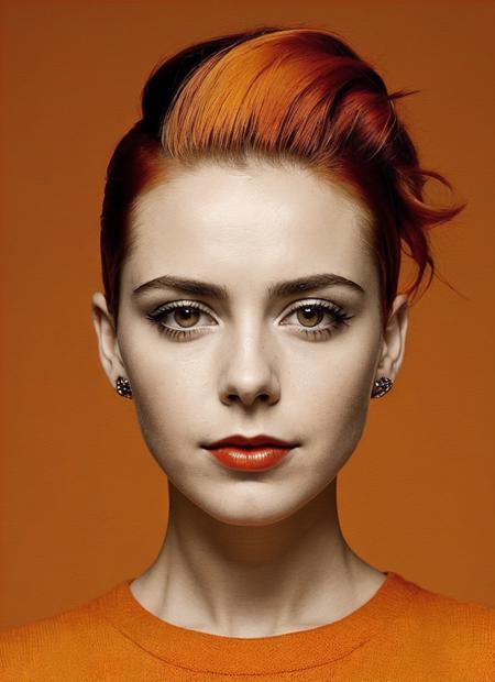 portrait of sks woman by Flora Borsi, style by Flora Borsi, bold, bright colours, orange Mohawk haircut, ((Flora Borsi)), <lora:lora_kiernan_v1_from_v1_160:1>