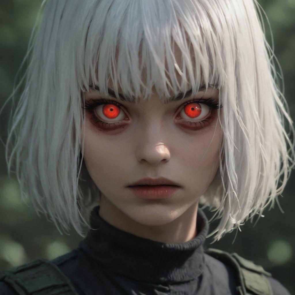 1 girl, russian girl, white hair, short hair, bangs, straight hair, red eyes, she is evil, scary forrest