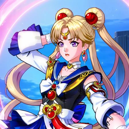 The image features a female character styled in the iconic Sailor Moon anime aesthetic. She has long, blonde hair styled in twin odango buns with flowing pigtails and striking blue eyes. Dressed in her signature sailor suit, the armor is a blend of white, with blue and red accents, and a touch of gold on her tiara and crescent moon earrings. In her right hand, she wields a glowing sword, light purple in color, symbolizing her magical powers. Sailor Moon's expression is one of determination and bravery, embodying the character's enduring resolve and strength. The specific details of the background are not defined, focusing the viewer's attention on Sailor Moon and her radiant, heroic stance,<lora:railgameplay_ult3:0.85>,starrailult