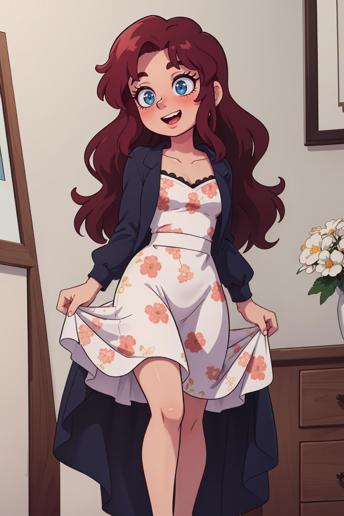 A cartoon girl with long red hair wearing a white dress with flowers.