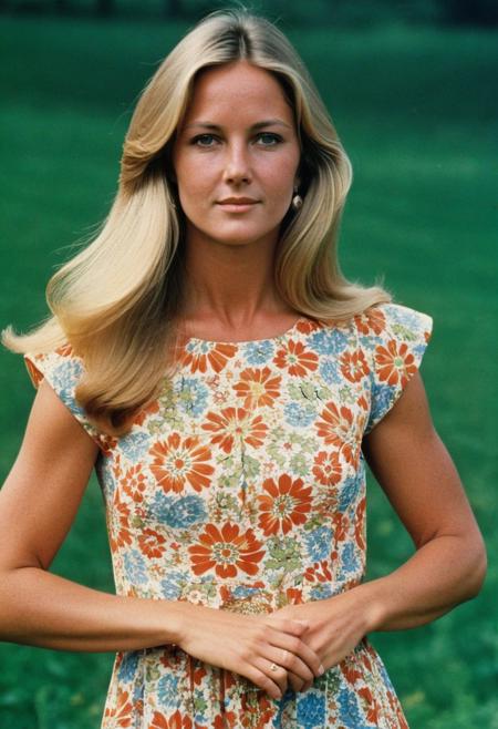 1970s in shape thin woman wearing a dress with capsleeves, close-up facing the camera, with long blonde hair, her capsleeve dress has wide arm holes and with poorly cut-off sleeves, she has both of her arms spread out to the side, exposing her inner brachium part of her upper arms.She looks dignified and elegant,1970s,, her dress arm holes are very wide, leaving her armpit skin fold fully visible and exposed