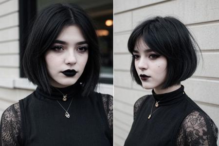 Teen brunnete nordic goth girl | tattoo | dark | Adult | On street | High quality | gothic makeup | realistic | informal | cute girl | bob cut hair | choker | solo | black hair