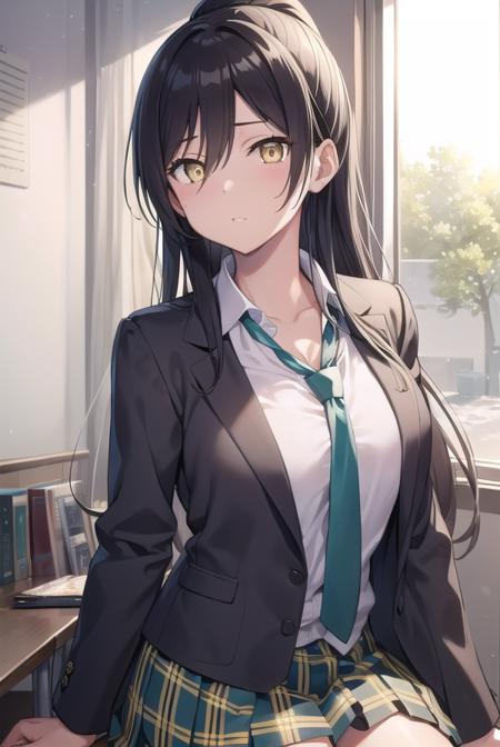 sakuyashirase, <lyco:sakuyashirase-lyco-nochekaiser:1>,
sakuya shirase, black hair, hair between eyes, long hair, ponytail, (yellow eyes:1.5),
BREAK collarbone, green necktie, green skirt, necktie, open collar, plaid, plaid skirt, pleated skirt, school uniform, shirt, skirt, white shirt,
BREAK looking at viewer, full body,
BREAK indoors, classroom,
BREAK <lyco:GoodHands-beta2:1>, (masterpiece:1.2), best quality, high resolution, unity 8k wallpaper, (illustration:0.8), (beautiful detailed eyes:1.6), extremely detailed face, perfect lighting, extremely detailed CG, (perfect hands, perfect anatomy),