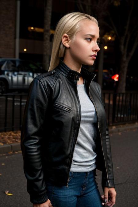 eighteen year old girl wearing a black leather jacket and black zip up sweater, realistic, analog photo, masterpiece, trending on artstation, urban landscape, profile