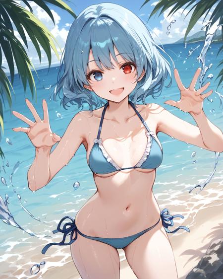 kogasaN tatara kogasa,short hair, blue hair, bangs, heterochromia, red eyes, blue eyes, white shirt, long sleeves, juliet sleeves, vest, blue vest, skirt, blue skirt, no socks, geta, umbrella, holding umbrella, tongue, karakasa obake