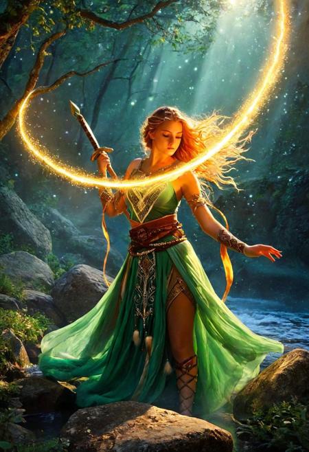 made from candyhearts, 
Oh, the Goddess of the Forest, she's a sight to behold! Tall and majestic, her presence fills the air with a sacred energy that sends shivers down your spine. Her hair is a lush cascade of emerald green, flowing wild and free around her regal form. Her eyes are two brilliant pools of moonlight, reflecting the dance of stars in their depths. She dresses in garments woven from the finest threads of enchanted vines, glittering like diamonds in the dim light of dusk. Around her waist, she wears a belt made from the fur of a thousand foxes, symbolizing her cunning and wisdom. Her arms bear markings traced in ancient runes, whispering tales of ages past. Above all else, she exudes an aura of serenity and power, commanding respect from even the fiercest of predators. 
she wields twin snow swords, flowing silk robes billowing in the wind. she is a sight to behold - graceful yet powerful, her movements fluid and precise like water flowing over rocks. she whirl and spin, her swords flashing through the air with deadly intent. There's an aura of calmness surrounding her, but also a sense of danger lurking beneath the surface. As she perform, animal goes wild, lost in the beauty and magic of their performance. 
concept-art, fantasy, whimsy, dreaminess, illustration, 
beautiful, painterly, textural, artistic, aesthetic, 
intricate details, highly detailed, ultra-detailed, absurdres, vivid, vibrant, volumetric lighting, 
aid291, midjourneyv6.1, ais-particlez