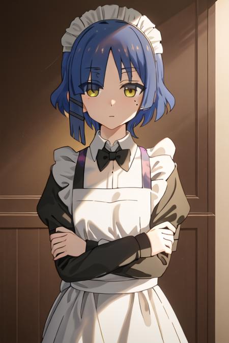 best quality, masterpiece, highres, solo, {maid:1.40}, {long maid dress:1.15}, {yamada_ryo_bocchitherock:1.15}, blue_hair, short_hair, bangs, mole_under_eye, mole, yellow_eyes, hair_ornament, closed_mouth, hairclip