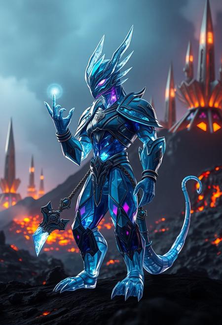A highly detailed, intelligent portrait of a Krython, a crystalline species from volcanic realms. Standing upright with two hands, two feet, and a tail, the Krython wears ornate fantasy armor, holding an intricately designed weapon that hints at its advanced culture. Its body, made of multifaceted translucent crystals, refracts vibrant colors ranging from deep blues to shimmering purples. Its sharp, sleek limbs and angular features highlight both its intelligence and otherworldly elegance. Glowing eyes radiate internal energy, reflecting its emotions and keen awareness.
In the background, futuristic architectural spires of sci-fi design emerge from the volcanic terrain, crafted from crystal and metal, harmonizing with the surrounding geothermal environment. These towering structures pulse with energy, symbolizing the Krython’s sophisticated civilization.
The volcanic landscape, with molten lava and rising steam, glows in the eerie light of geothermal vents. The Krython stands confidently, manipulating energy waves with one raised hand, demonstrating its ability to communicate through harmonic vibrations. Cinematic lighting enhances the crystal textures and the vivid colors of the surroundings, emphasizing the majesty, power, and intelligence of the Krythons, guardians of their volcanic realm. (Ultra-realistic, 32k, Masterpiece, High Quality, Detailed Realistic Background, Official Art, Realistic Lighting, sci-fi).