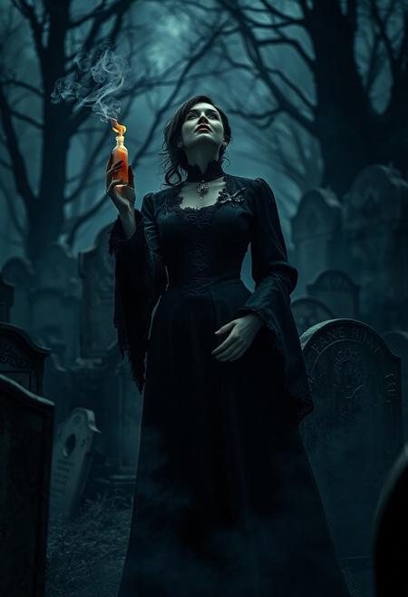 "In a realm of perpetual twilight, where the Night of the Hunt era cast its macabre shadow, a vision of elegance emerged from the darkness. Clad in the imposing garb of an Executioner, she stood like a specter amidst the decrepit tombstones, her beauty a haunting counterpoint to the malevolence that seemed to seep from every stone. A haze of burning incense wafted around her, its sweet scent a stark contrast to the putrid air heavy with the whispers of the damned. In one hand, she grasped a delicate vial filled with a pale, viscous liquid – a token of her macabre pursuits. Her eyes, cast heavenward in silent supplication, seemed to hold a secret sorrow, even as a blood-drunk smile twisted across her lips like a promise of dark delight. The camera's gaze fell upon her from an unnatural angle, as if the very tombstones themselves were conspiring against all sense of decorum. Fog swirled around her ankles like a living entity, choking out all sound save for the whispers that seemed to emanate from the shadows themselves. A gleaming crow-feather brooch pinned to her breast seemed a mocking touch of elegance in a world gone mad."