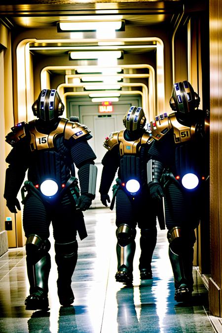 a group of people in costumes walking down a hallway , multiple boys, armor, helmet, robot, ground vehicle, mecha, motor vehicle, science fiction, motorcycle, police