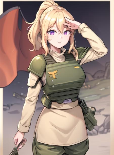 best quality, (masterpiece),(ultra-detailed), (high quality), (high resolution), <lora:CadiaChan-10:0.7>,1girl, blonde hair, border, breasts, cadiachan, , flag, beige pants, hair between eyes, green helmet, index finger raised, long sleeves, smile,purple eyes, military uniform, armor, beige shirt, ponytail,  beige skirt,