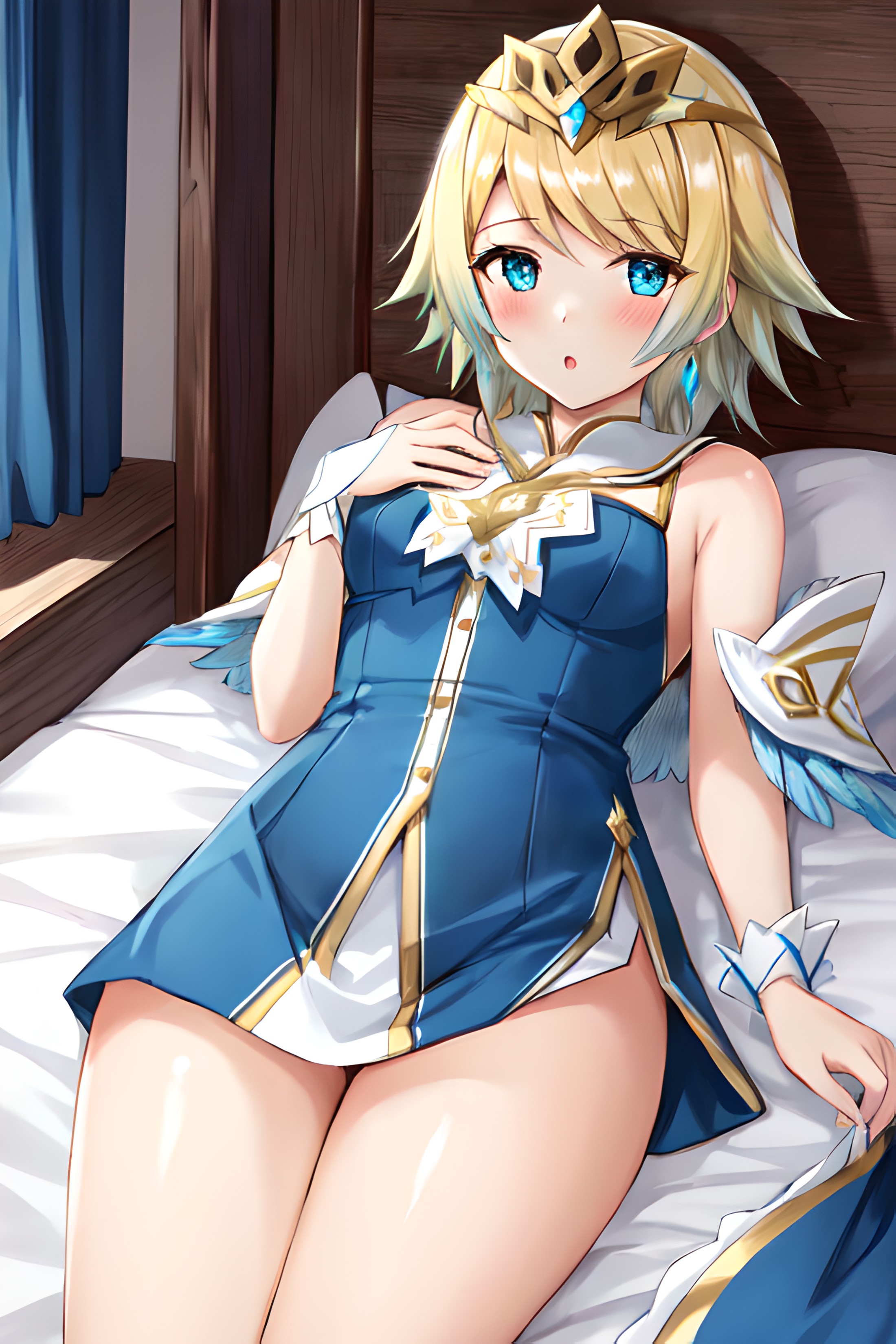 <lora:fjorm-10:0.8>, fjorm fe, 1girl, solo, looking at viewer, blush, on back, on bed, :o, thick thighs, feather trim, tia...