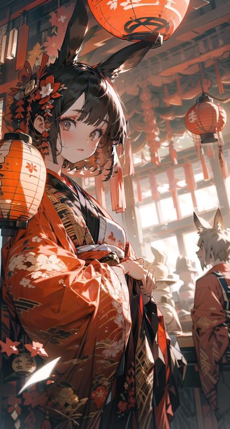 sinsya, 1girl, lantern, animal ears, solo, japanese clothes, hair ornament, short hair, hair flower, rabbit ears, looking at viewer, kimono, brown eyes, black hair, paper lantern, wide sleeves, bangs, holding <lora:sinsya-pynoiseloha:1>