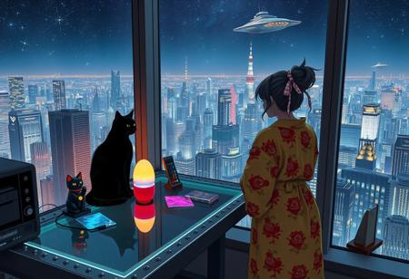 Jiji, the cat from Kiki's Delivery Service sits on a cluttered metal riveted desk with transparent top and rgb led computer components visible inside, On the desk are a maneki neko statue and a lava lamp, Jiji the Black Cat is looking out of a seamless and futuristic floor to ceiling window that looks out at a very high view from an apartment on the 400th floor of a futuristic Tokyo skyscraper, the year is 2250, The city has thousands of enormous wide and tall futuristic skyscrapers and space ships covered with lights in the sky, (((Kiki from Kiki's Delivery Service, 24 years old, is standing behind the desk looking out at the enormous city at night next to Jiji, filled with buildings of many shapes and sizes, some over a mile tall))), Kiki is dressed in an ornate Japanese style bath robe. An enormous deco starship with futuristic lighting and design is visible high above the city, and a space station is visible in the background among the stars, The woman's hair is messy from just waking up and tied up with a ribbon. Artistic cyberpunk, dynamic perspective, The focus is on Jiji and Kiki standing together looking out the window at the view together, (((overall architectural aesthetic is Art Deco Cyberpunk))).  Mt Fuji can be seen in the far distance,
