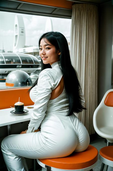 photo of a 20yo woman, Japanese, big ass, curvy, with long straight black hair, looking at the camera, sexy smile, wearing a white tight  jumpsuit with back opening, sitting on a stool at a retro futuristic cafe,shot on Canon A2/A2e Camera, Kodak Tri-X 400, film grain,in style of Robert Capa <lora:add_detail:0.8>  <lora:picxer_real:0.8>  <lora:1970RetroFuturism:0.7>