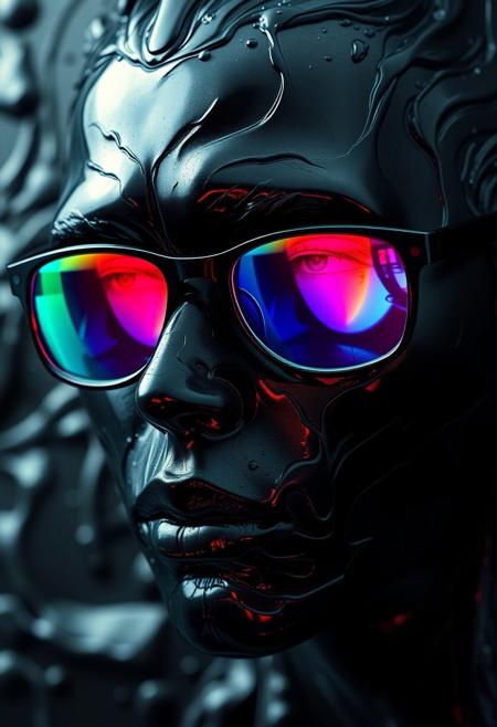 "Create a hyper-realistic image of a face composed of oil spill, with a dark, viscous texture and a mesmerizing iridescence. The face is intricately detailed, with every ripple and imperfection visible. The oil seems to shift and flow like a liquid, as if it's still moving. The face is wearing a pair of glasses with Holographic colored lenses, which shimmer and glow with a rainbow of colors. The lenses seem to shift and change as the viewer looks at them, creating a dizzying, holographic effect. The overall effect is one of eerie, futuristic beauty." highest-Quality, 8 k, intricate details, visually stunning, Masterpiece