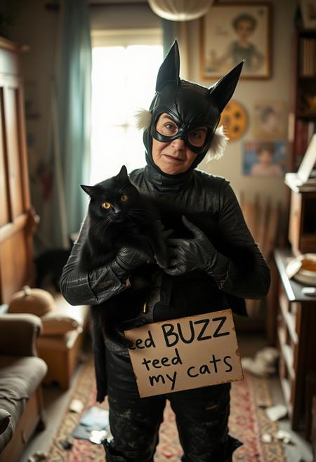 Closeup of old 77 year old Catwoman from batman movie in worn catsuit crafted from  thrash bags standing and holding chubby black cat in her dilapitated apartment with 30cats, sunlight coming from window, she is holding sign "need BUZZ to feed my cats"