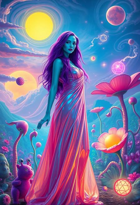 A beautiful woman with vibrant purple hair and glowing turquoise skin, standing in a surreal landscape. She’s wearing a flowing gown made of shimmering, iridescent fabric that reflects the colors of the bizarre environment around her. 
The background features a sky filled with two suns and swirling clouds in neon hues, while giant, oversized flowers with spiraling petals bloom in a whimsical garden. Strange creatures with whimsical shapes playfully interact nearby. 
The woman has an ethereal expression, her eyes sparkling with otherworldly light, as she gracefully floats above the ground, surrounded by floating geometric shapes and luminous orbs. The scene conveys a dreamlike, fantastical quality, blending beauty with a sense of the extraordinary.