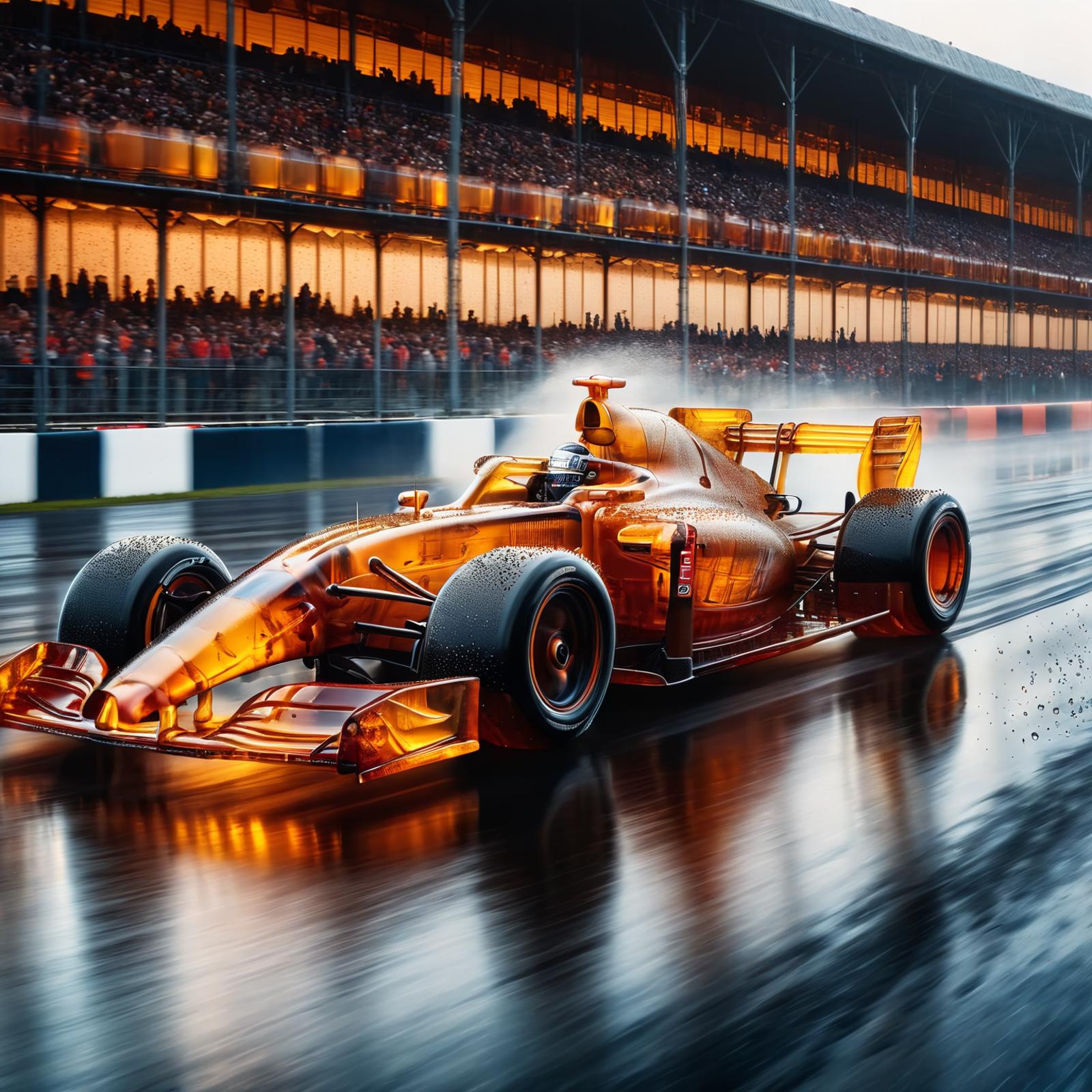 A Racing Car on a Wet Road in the Rain