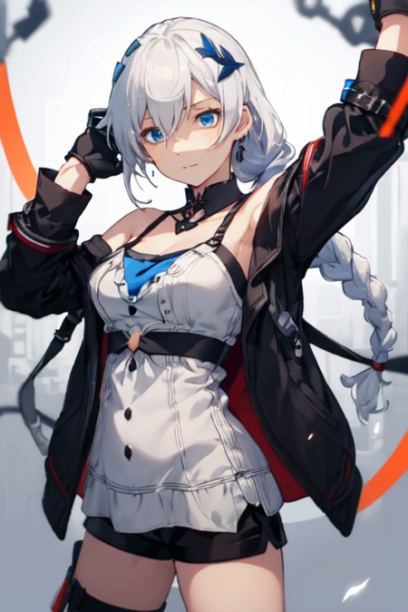 SinHunterKallen, 1girl, solo, long hair, blue eyes, hair ornament, gloves, dress, hair between eyes, bare shoulders, braid, white hair, black gloves, black jacket, braided ponytail, short shorts, black shorts, 