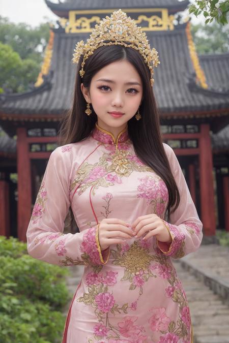 1girl,masterpiece,best quality,ao dai,head ornament,shiny oild skin,deep slit dress,long sleeve,outdoor,upper body,queen,Vietnam palace,temple,dynamic pose,
<lora:Ao_dai_dong_Lao:0.4>  <lora:erika:0.3>