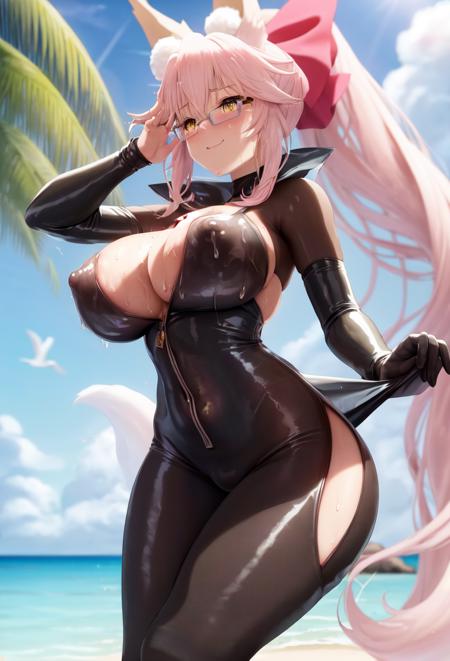 4k, fine detail, ultra high resolution, detailed face, delicate eyes, gradient eyes, gradient hair, light tracing,   real skin, beautiful skin,
1girl, long hair, large breasts,fox ears, yellow eyes,glasses, side ponytail,hair bow,pink hair,fox tail,flat chest joke, 
 solo, wet body, covered nipples, (wet :0.9), large breasts, bikini, transparent plastic coat, 
, white clouds, seagulls, splash, shells, sunshine, exquisite beach, coconut trees,