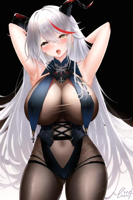 agir(azur lane), 1girl, breasts, horns, solo, long hair, multicolored hair, navel, red hair, streaked hair, white hair, tongue, heart, looking at viewer, heart-shaped pupils, tongue out, arms up, symbol-shaped pupils, armpits, breast curtains, ass visible through thighs, cross-laced clothes, yellow eyes, very long hair, hair between eyes, large breasts, demon horns, blush, simple background, bangs, cleavage, cowboy shot, cross, signature, skindentation, open mouth, arms behind head, white background, alternate costume, thighs, swimsuit, hair on horn<lora:agir:1>