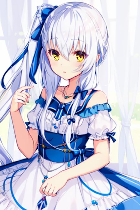 ((masterpiece)),(( best quality)),1girl,solo,long hair,side ponytail,yellow eyes,dress,jewelry,necklace,white hair,looking at viewer,ribbon,hair ribbon,white dress,blue ribbon,hair between eyes,bow,upper body,bare shoulders,hair bow,frills,short sleeves,bangs,<lora:zhuqueLORA-000007:0.7>,