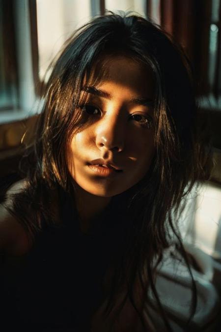 In a low-key style with the grainy texture of expired film, the photo offers a close-up view from above of a photo-realistic close-up medium shot of a beautiful girl's figure laying down in a bathtub, depicted in full body. One hand is reaching down out of the bathtub, holding a wine bottle. The attention to detail captures every nuance of the subject's features and attire, creating a lifelike representation that almost breathes with realism. Against the backdrop of vibrant, full-color, saturated neon city lights visible through the big windows, the scene comes alive with a plethora of hues and tones, infusing warmth and urban energy. The subject's expression exudes a sense of calm amidst the bustling cityscape. Bathed in the dim neon-colored light from the blacked-out large windows showcasing the city's glowing neon signs, the scene is a captivating mix of dramatic shadows, heightened by a subtle rim light tracing along her silhouette, and accentuated by a soft hair light adding dimension and allure to her hair strands.