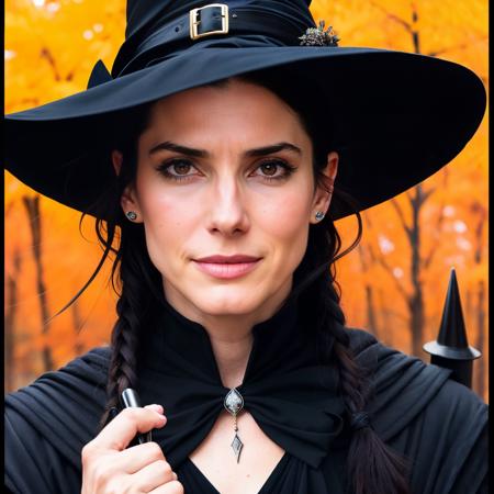 a photo of a young sndrb as a witch, (black witch outfit), evil smile, pointing at person, fall season background, fine-face, realistic shaded perfect face, fine details. Realistic shaded lighting poster by Ilya Kuvshinov katsuhiro, magali villeneuve, artgerm, Jeremy Lipkin and Michael Garmash, Rob Rey and Kentar Miura style, <lyco:SandraBV1.1:1.0>