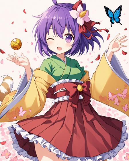 hieda no akyuu,1girl, solo, traditional_media, hair_flower, one_eye_closed, open_mouth, kimono, butterfly, ball, smile, cat_tail, painting_\(medium\), bow, kemonomimi_mode, marker_\(medium\), floral_print, skirt, sash, petals, wide_sleeves, ahoge
<lora:hieda_no_akyuu_image926_2023-12-20:1>,star-shaped_pupils,symbol-shaped_pupils,. gorgeous,key visual, vibrant, studio anime,award-winning, professional, highly detailed,high budget, cinemascope