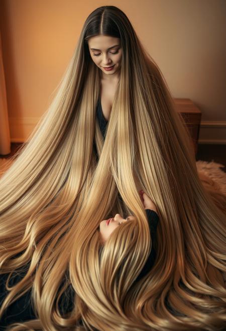 A woman with extraordinarily long, floor-length hair stands over a man lying on the floor. Her silken tresses cascade down, enveloping him completely, wrapping around him like a living blanket of flowing hair. The scene is intimate and serene, bathed in warm, ambient light. The woman gazes down with a calm, caring expression, while the man lies beneath the luxurious strands, relaxed and savoring their soft embrace. The setting is indoors, exuding a cozy and elegant atmosphere.