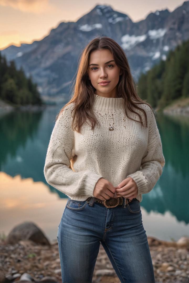 a RAW photo, portrait of katerich, wearing sweater, jeans, belt, alpine lake at background, cinematic shot, volumetric lighting, detailed eyes and face, magnificent, epic, sharp focus, dlsr, rim lights, blurry background, best quality, highly detailed, masterpiece, 8k, <lora:add_detail:1>, <lora:KateRich:1>,