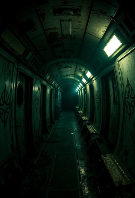 A dark and eerie corridor inside an abandoned spaceship, with flickering lights casting long, unsettling shadows. The walls are covered in strange, alien markings, and the metallic surfaces are corroded and rusted. The air is thick with an ominous, heavy silence, broken only by the occasional distant creak of the ship's structure. The end of the corridor fades into darkness, leaving an unsettling sense of what might be lurking in the shadows.