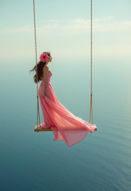 A serene and surreal scene featuring a woman standing on a swing suspended high above the vast, empty ocean.  The woman is dressed in an elegant, flowing pink dress with a dahlia flower in their open long hair, adding a touch of vibrant color against the calm blue backdrop of the sea and sunny, warm sky.  The dress is long and flowing in the wind.
