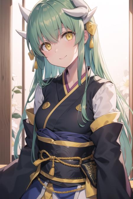 kiyohime, <lora:kiyohime-lora-nochekaiser:1>,
kiyohime, green hair, dragon girl, dragon horns, horns, long hair, (yellow eyes:1.5), smile, (small breast:1.2),
BREAK japanese clothes, obi, sash, thighhighs, wide sleeves, yukata,
BREAK looking at viewer,
BREAK indoors,
BREAK <lyco:GoodHands-beta2:1>, (masterpiece:1.2), best quality, high resolution, unity 8k wallpaper, (illustration:0.8), (beautiful detailed eyes:1.6), extremely detailed face, perfect lighting, extremely detailed CG, (perfect hands, perfect anatomy),