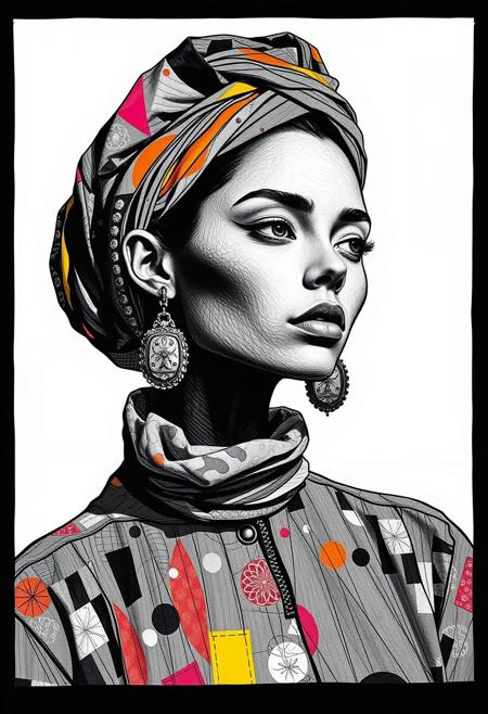 collage, layering, on monochrome background factory colored fashion model, style by kirill chelushkin, defiantly beautiful, banter, line art, variation of incornation, pointillism, primitive art, minimalism, hyper-realism, hyper-detailed, vivid colors