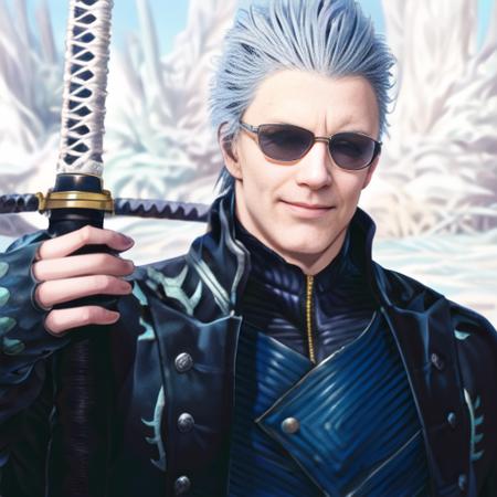 1boy,  jacket, leather, male_focus, realistic,  snow, solo, white_hair, zipper,detailed body,detailed hands,detailed face,vergil,<lora:vergil:1.0>,sun glasses,smiling,hands, holding katana,full body,katana