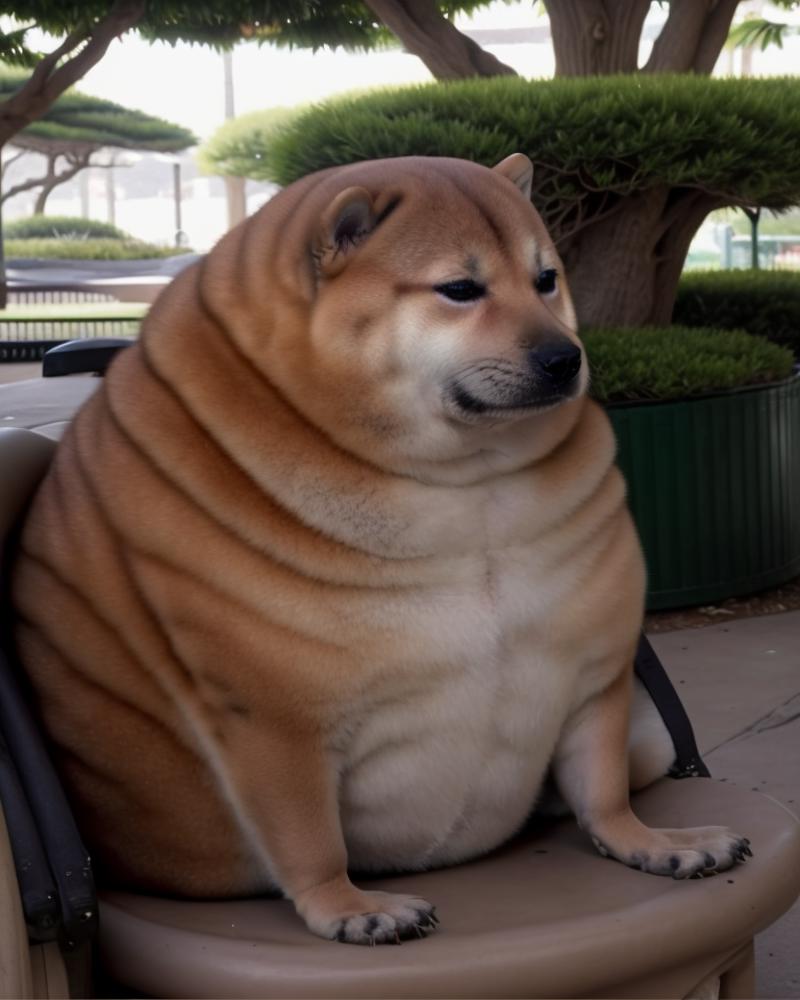 Overweight Shiba Inu Dog Sitting on a Chair Outside.