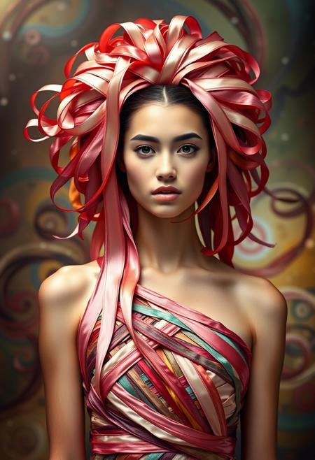 A surreal photo of a young woman whose hair is made entirely of ribbons. Facing the camera, the wide lengths of satin ribbons emerge from her scalp and fall gracefully down her head and face and over her shoulders. The ribbons begin to form intricate woven patterns that fall over her chest and torso and wrap around it, becoming an elegant satin gown made of multicolored woven ribbons. The background features abstract, swirling patterns of color and light, creating a sense of movement and energy.