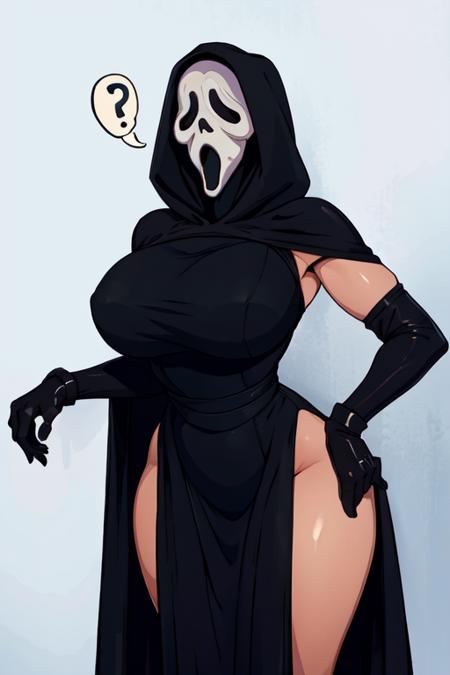 masterpiece,best quality,extreme detail,8k,<lora:ghostface:0.7>,ghostface,1girl,solo,breasts,large breasts,simple background,gloves,dress,black gloves,hood,black dress,mask,hood up,long dress,