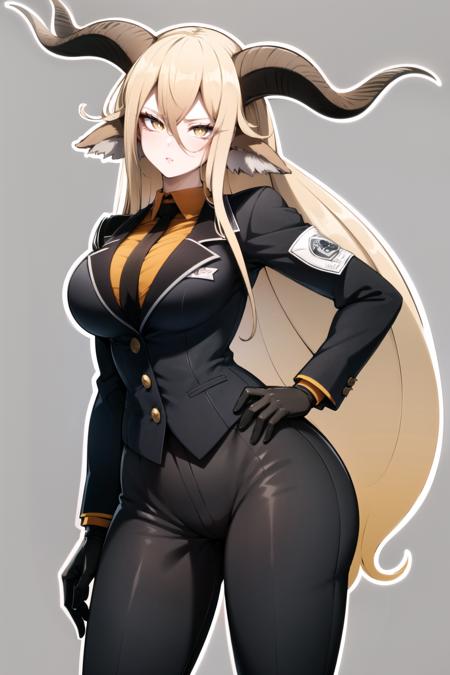 best quality, solo, <lora:Degenbrecherv1:1>, degenbrecher, long hair, horns, 1girl, animal ears, goat horns, breasts, looking at viewer, blonde hair, solo, yellow eyes, hair between eyes, bangs, very long hair, goat ears, goat girl, jacket, shirt, long sleeves, simple background, black gloves, gloves, pants, hands on hips