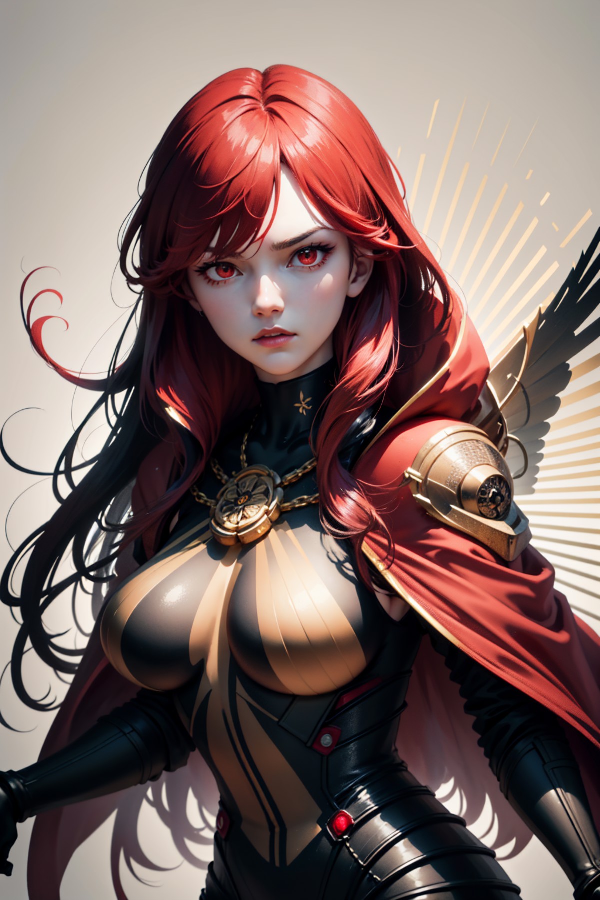 (detailed face and eyes:1.3),
<lora:oda-10:1>,oda_biig,large breasts,red eyes,black bodysuit,red hair,chain,collared cape,...