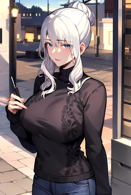 (masterpiece:1.2, best quality), (finely detailed beautiful eyes: 1.2), ( beautiful detailed eyes).  solo focus, girl focus,   1girl, talaris  , single hair bun   , long hair, sidelocks , hair bun, hair ornament , hair stick , black sweater, sweater, jeans, casual clothes, milf, mature female, large breasts, High contrast, beautiful elegant woman, adult, (best illumination, an extremely delicate and beautiful),(amazing backround, outdoors, modern day), modern, looking at viewer,beautiful detailed glow,