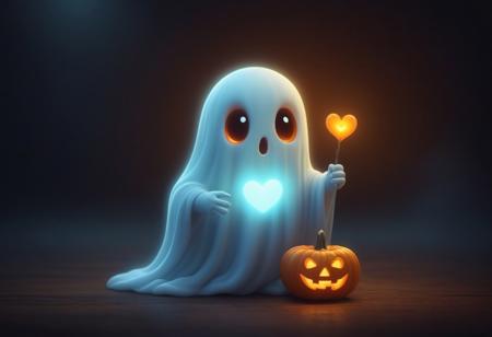 digital art of an adorable ghost, glowing within, holding a heart shaped pumpkin, Halloween, high quality, masterpiece